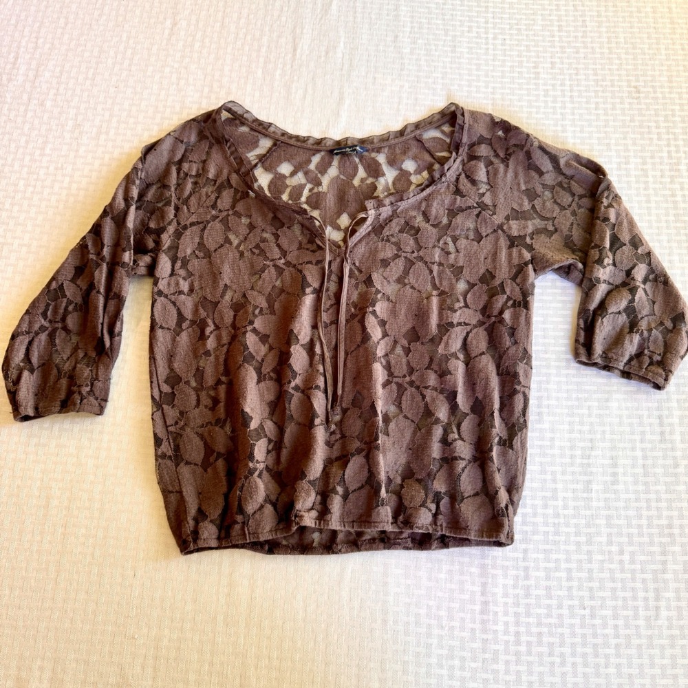 American Eagle Brown/Grey Floral Lace Sheer Mesh Boho Fairycore Top 3/4 Sleeve M
